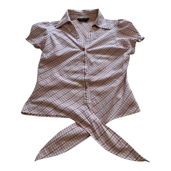 Dorothy Perkins Short Sleeve Tie Front Snap Button Plaid Blouse - Size Medium - Picture 8 of 14